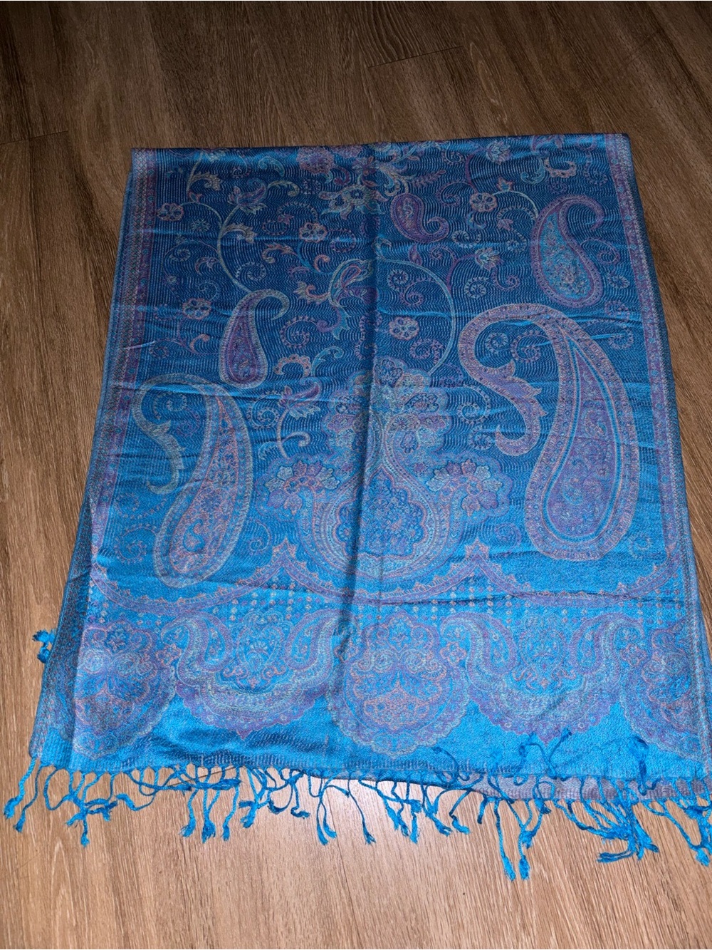 Pashmina Silk Blend Paisley Scarf Shawl Wrap Blue teal Fringe 66x28 c7